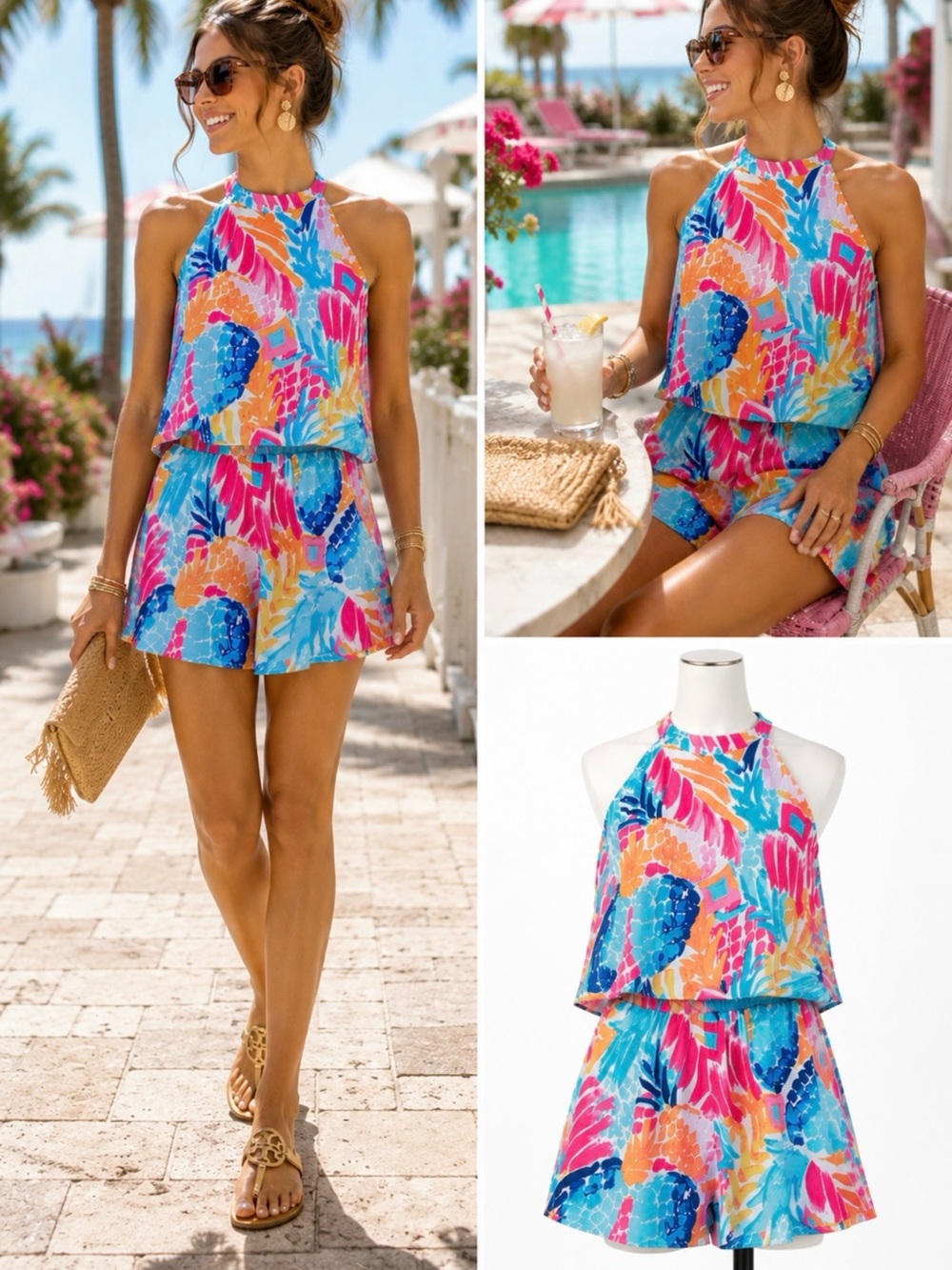Lilly Pulitzer Edona Romper Goombay Smashed Pink Blue Orange Sz 00💛